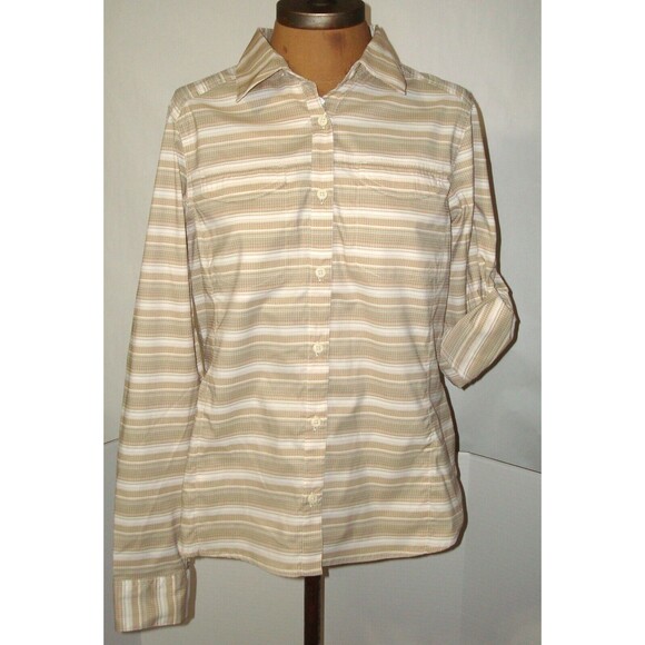 New Womens NWT M Stripe Khaki White Top Roll Sleeves UPF Columbia Antiodor Brown - Picture 1 of 8